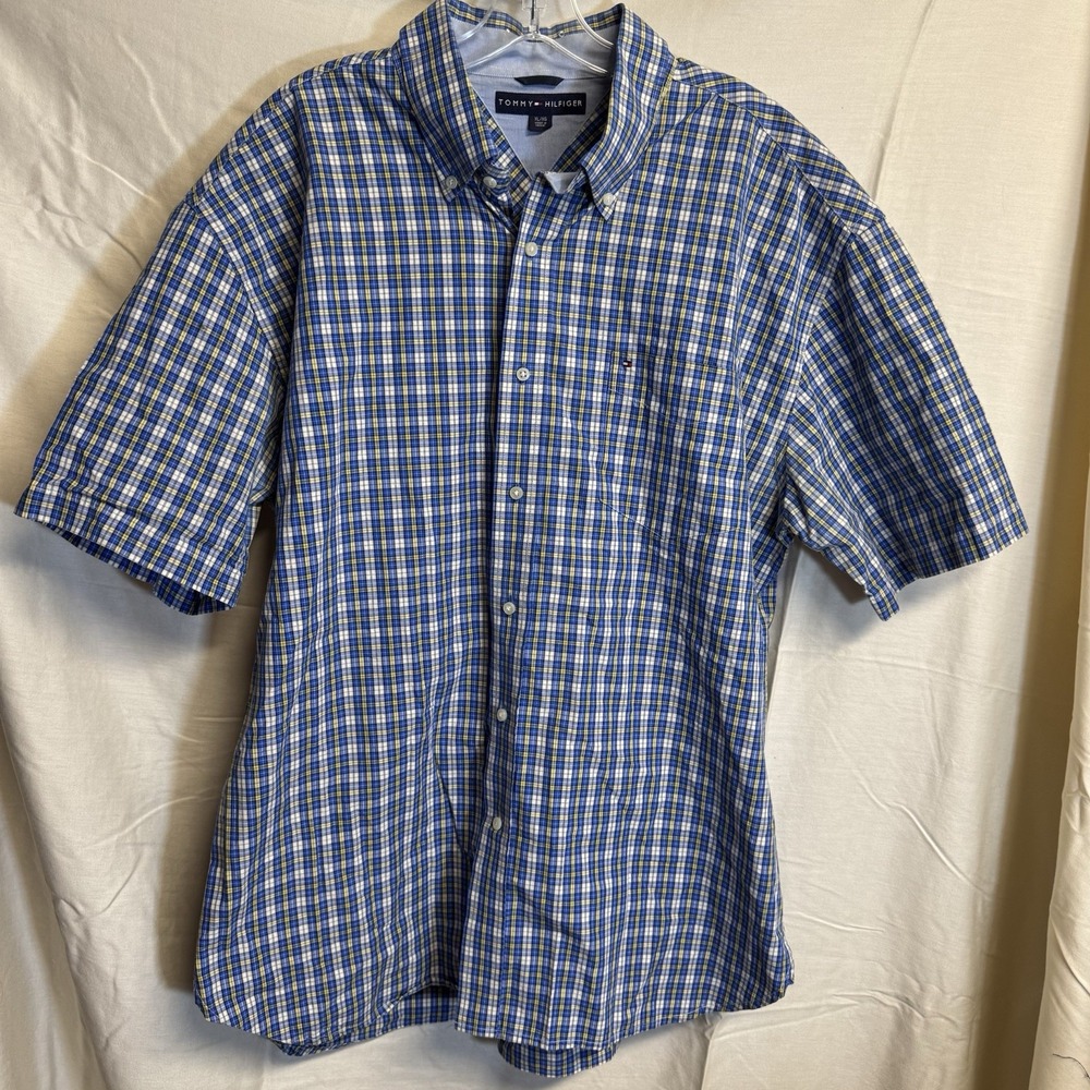Tommy Hilfiger Button Down Shirt XL Men Blue Plaid Short Sleeve Y2K
